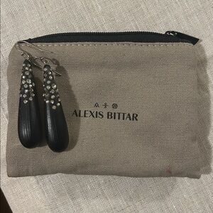 Alexis Bittar Black Lucite and Confetti silver crystal earrings.